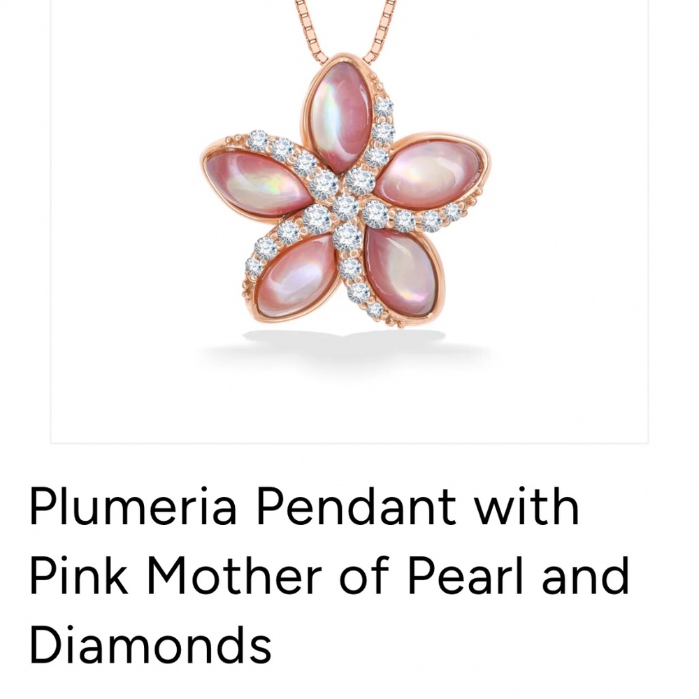 14K Rose Gold Plumeria Pendant with Pink Mother of Pearl Inlay .25 Ct diamonds